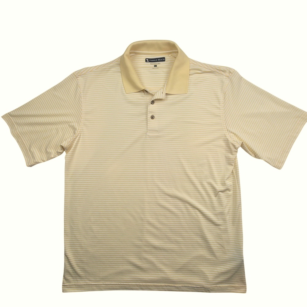 Pebble Beach Performance Golf Polo Shirt Mens‎ XL Yellow Stripe Short Sleeve